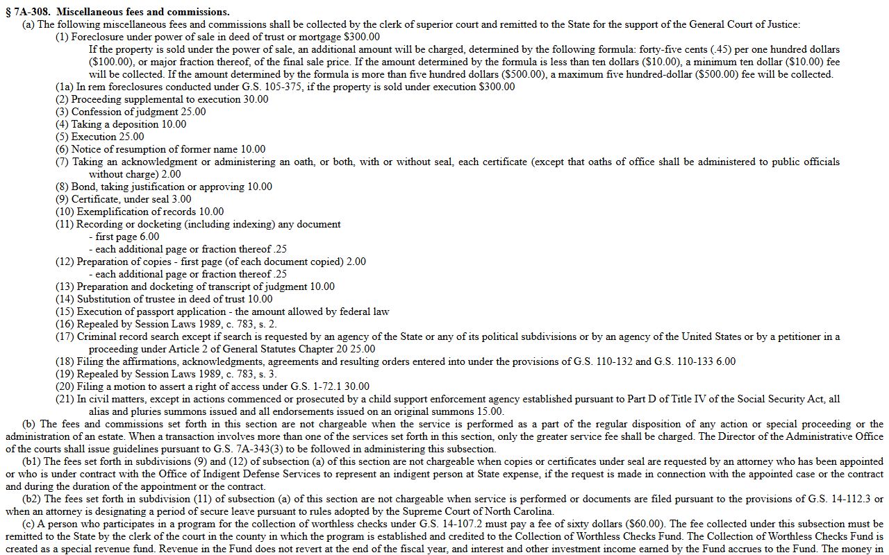 Lenoir County Clerk of Superior Court clerk fee statute