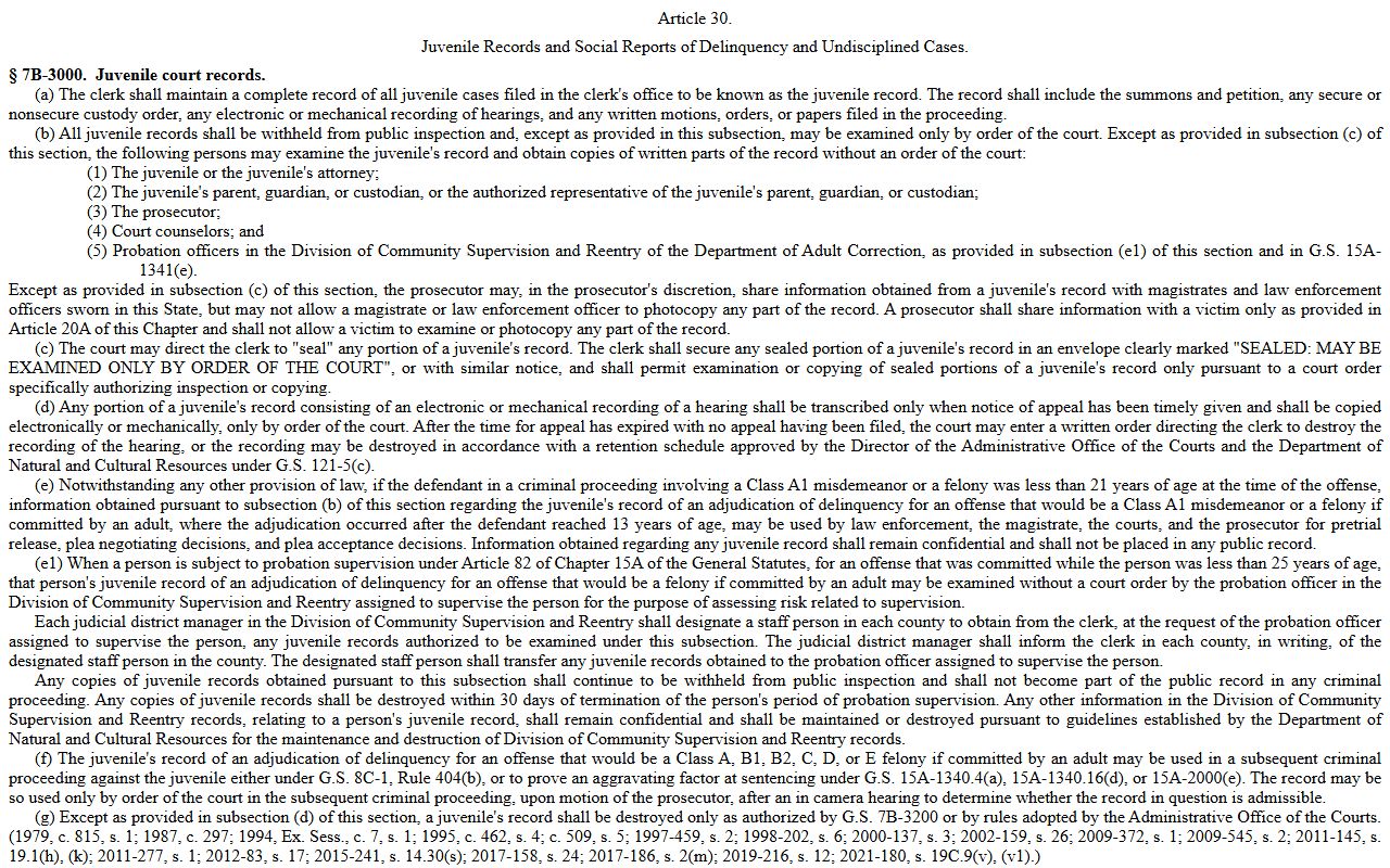 Lenoir County court records juvenile confidentiality statute