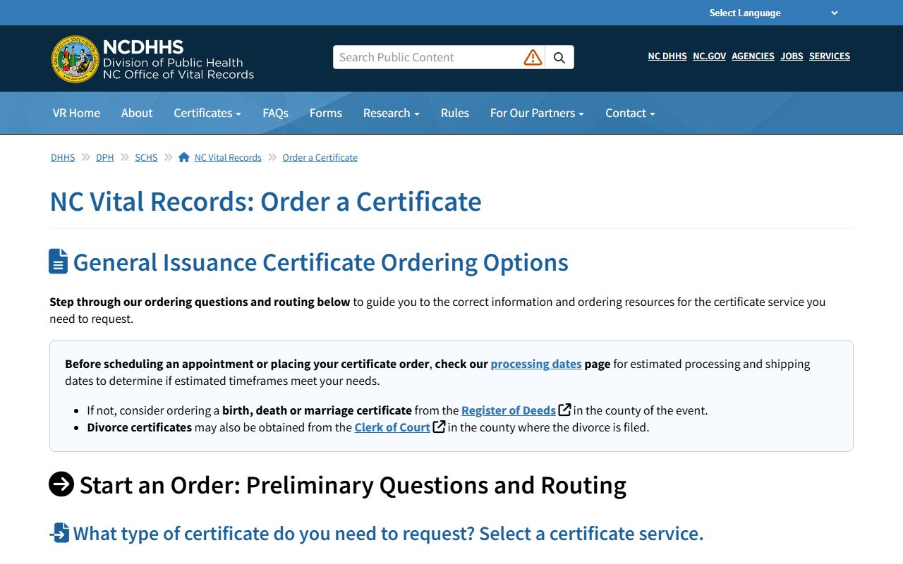Lenoir County marriage and divorce records NC Vital Records ordering page