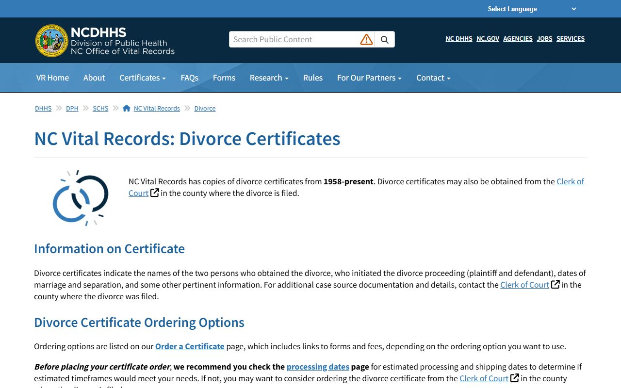 Lenoir County divorce records NC Vital Records divorce certificate guidance